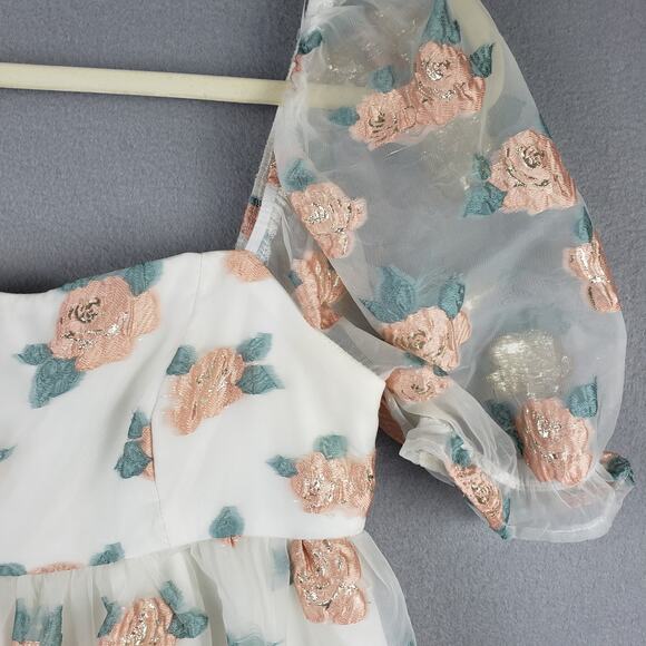 Altar'd State Size XS Floral Chiffon Puff Sleeve Mini Dress Pink Rosette Fairy - Picture 3 of 10